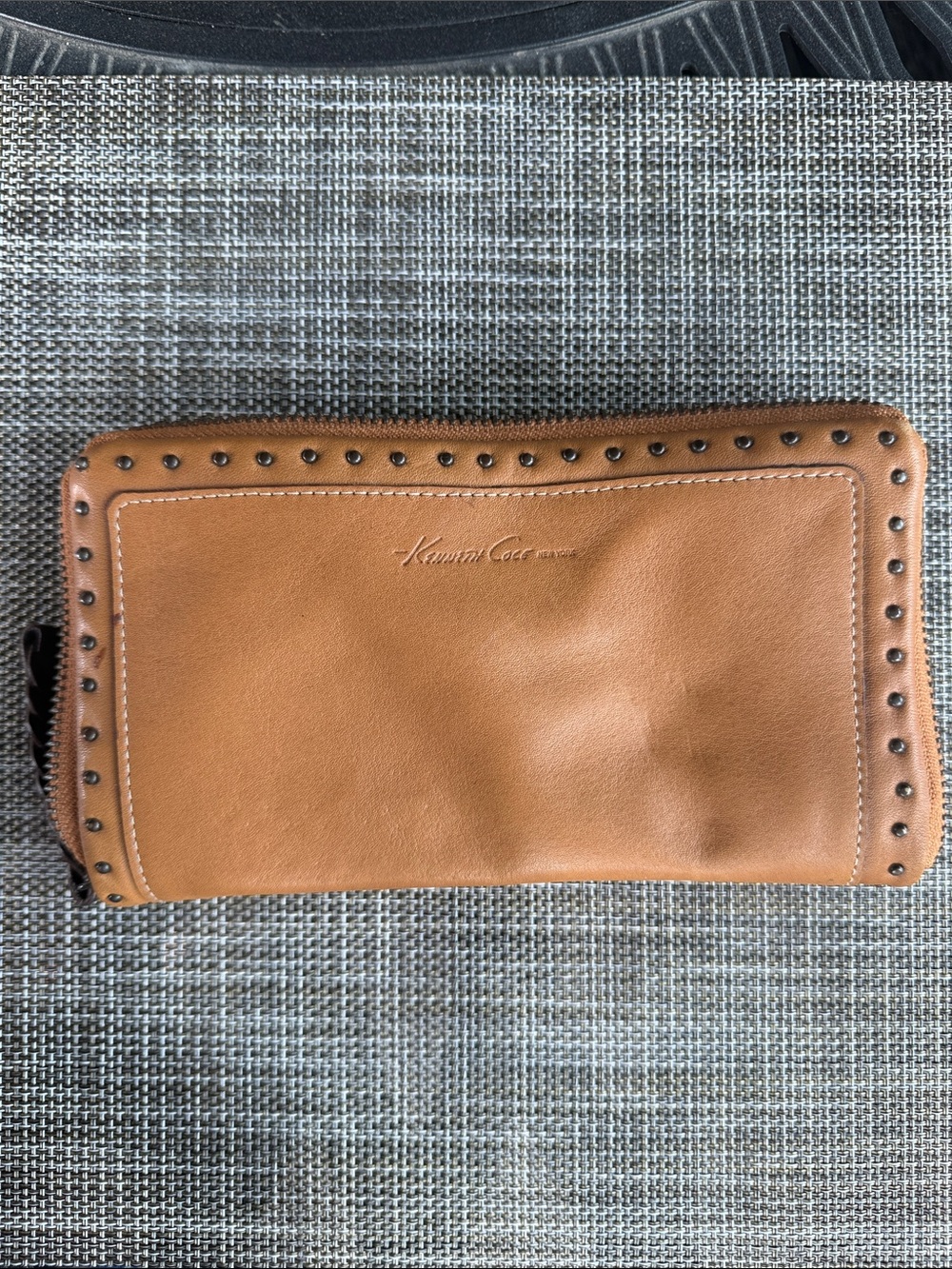 Kenneth Cole Cognac Leather Zip-Around Wallet with Stud Accents